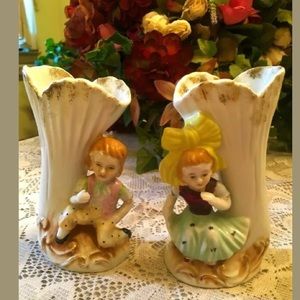 2 Vintage Porcelain Vases of Victorian Boy & Girl